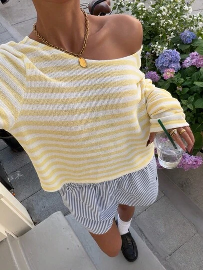 Muchica Women's Spring/Summer New Knitted Striped Loose Off-Shoulder Long Sleeve Cropped T-Shirt For Going Out Outfits, Streetwear, Y2K Clothes,Spring Clothing Off The Shoulder Long Sleeve Cute Yellow Top