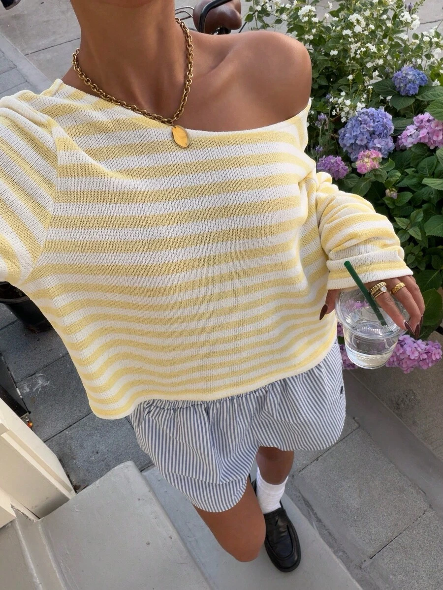 Muchica Women's Spring/Summer New Knitted Striped Loose Off-Shoulder Long Sleeve Cropped T-Shirt For Going Out Outfits, Streetwear, Y2K Clothes,Spring Clothing Off The Shoulder Long Sleeve Cute Yellow Top - Light Yellow - View 1