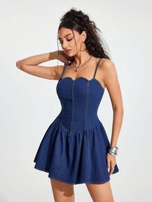 Jeanoix Women's Pleated Casual/Date/Travel Denim Cami Dress - Dark Wash - View 4