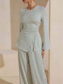 Graceveil 两件套修身休闲舒适针织上衣和宽松裤子女士阿拉伯风格套装 - 綠色 - 查看 6