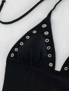 Bonvoyette 黑色露背吊带镂空优雅沙滩泳装套装，侧开衩低腰设计，适合春夏穿着 - 黑色 - 查看 8