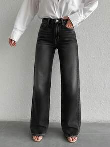 100%Cotton Solid Slant Pocket Casual Straight Leg Jeans - Dark Grey - View 4