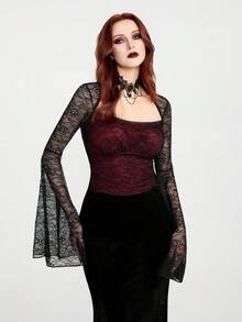 Breakform 女士哥特式优雅方领撞色蕾丝喇叭袖修身露脐上衣，红色针织面料 - 紅色和黑色 - 查看 1