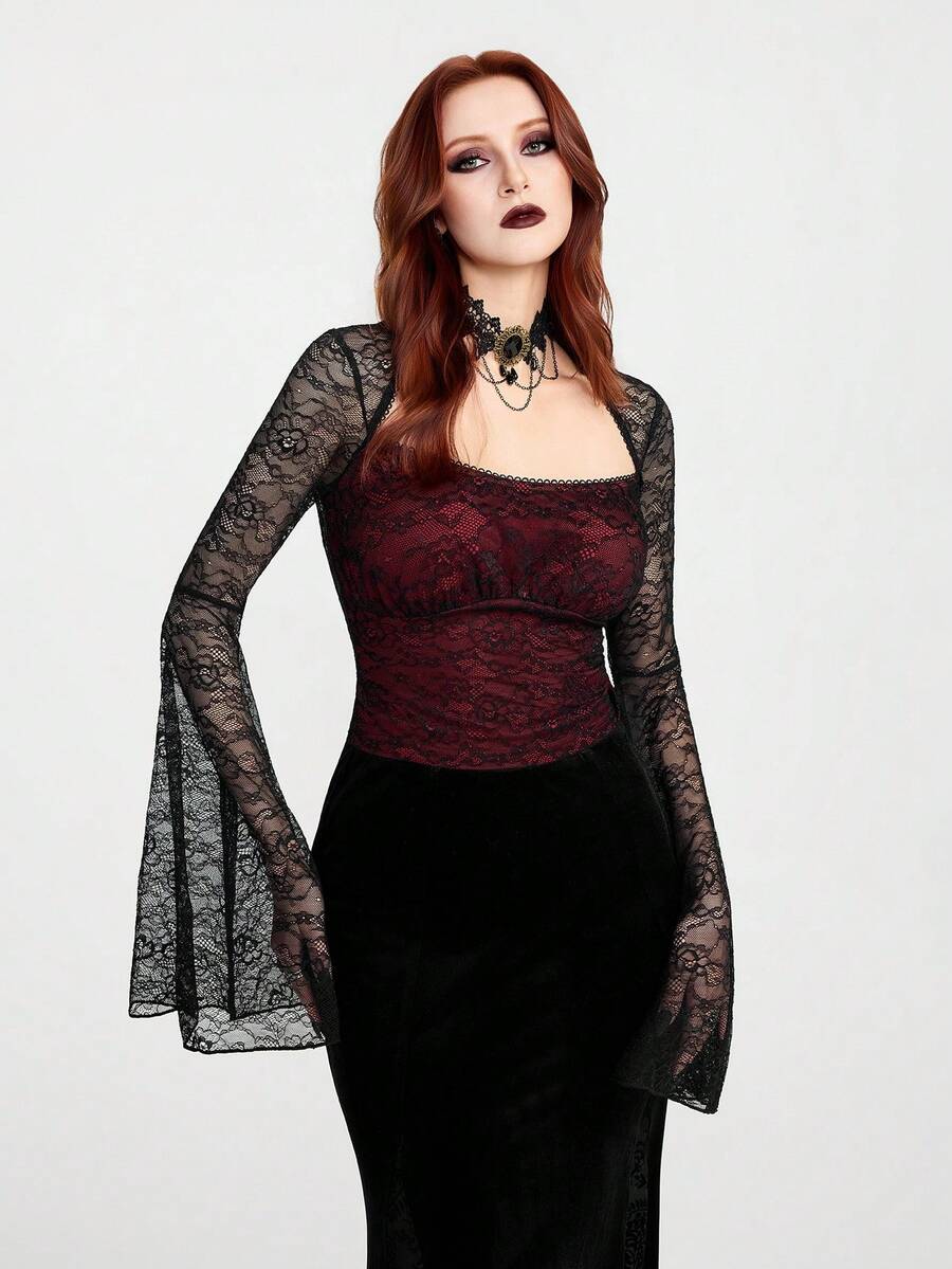 Breakform 女士哥特式优雅方领撞色蕾丝喇叭袖修身露脐上衣，红色针织面料 - 紅色和黑色 - 查看 1