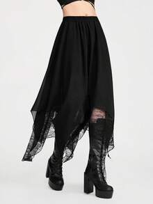 Breakform Chân váy dài dáng suông phong cách Gothic cổ điển dành cho nữ, eo chun, chất liệu chiffon phối ren tương phản, vạt váy bất đối xứng đôi, lót vải dệt. - màu đen - Xem 3