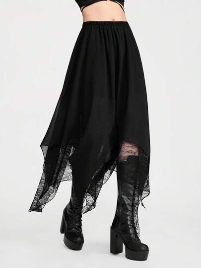 Breakform Falda larga holgada con cintura elástica, estilo gótico vintage, de gasa con encaje asimétrico de doble dobladillo y forro tejido