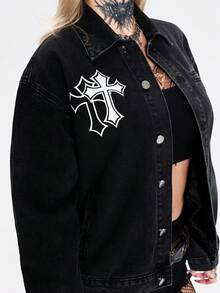 Breakform Chaqueta de mezclilla con estampado de cruz, estilo punk - Negro - Ver 6