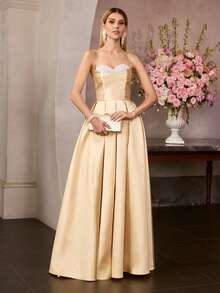 MOTF Soiréza DAMEN TRÄGERLOSES FIGURBETONTES ABENDKLEID AUS SATIN MIT PERLEN, MIT KONTURIERTER TAILLE UND FLIESSENDEM BODENLANGEM DRAPIERTEM SAUM - IDEAL FÜR HOCHZEITEN, GALADINNER, PREISVERLEIHUNGEN UND FORMELLE EMPFÄNGE - Gold - Übersicht 6
