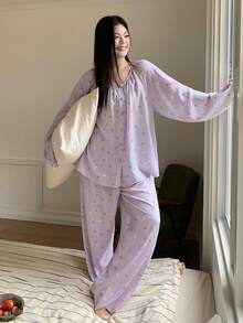 Dazy Plus 两件套可爱卡通印花宽松睡衣套装，长款上衣和长裤，适合春夏秋季穿着。 - 紫色 - 查看 5