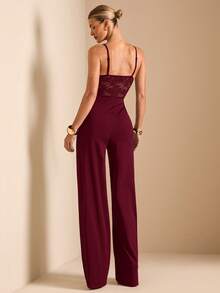 SHEIN BAE 夏季女士黑色低胸性感蕾丝胸罩式阔腿连体裤，适合日常外出、约会、派对、聚会、夜生活和海滩度假，优雅连体裤 - 酒紅色 - 查看 2