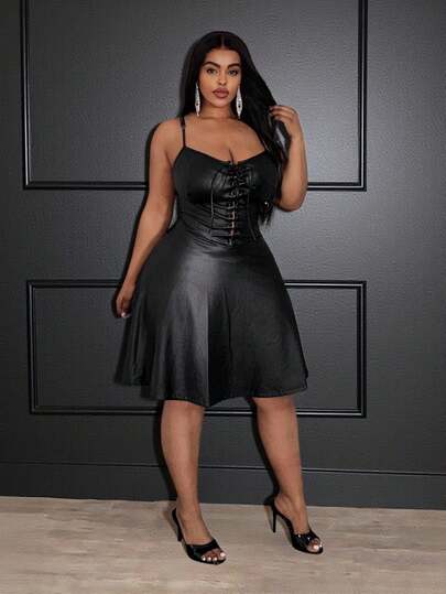 Slaydiva New/Easter/Western/Holiday New Year Valentine's Day Sexy/Streetwear For Women/Gyaru Alluring Valentine's Day Sheer Cami Peplum Waist Plus Size Dress - Black