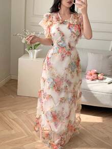 Celisse Women's Textured Mesh Printed X-Shaped Waist Dress, Elegant & Romantic, Spring/Summer - Multicolor - View 5