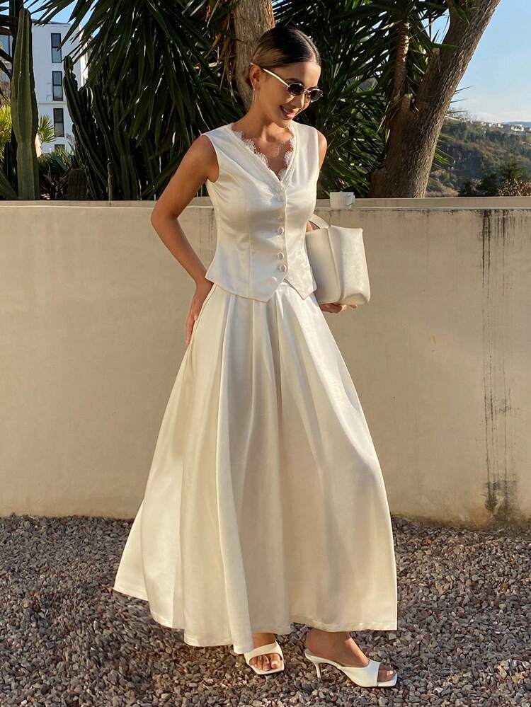 Women's Elegant Lace Patchwork V-Neck Sleeveless Maxi Dress 2-Piece Set, Summer Vacation