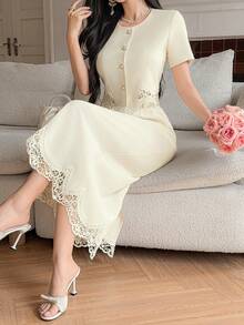 DAZY 女士优雅蕾丝拼接圆领上衣和半裙两件套，春夏款 - 白色 - 查看 6