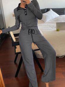 Livesso 条纹修身短款翻领上衣和长裤家居服套装，秋冬睡衣，舒适休闲装 - 藍色 - 查看 3