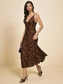 Poéselle Váy hai dây buộc trước họa tiết hoa jacquard dành cho nữ - màu nâu - Xem 7