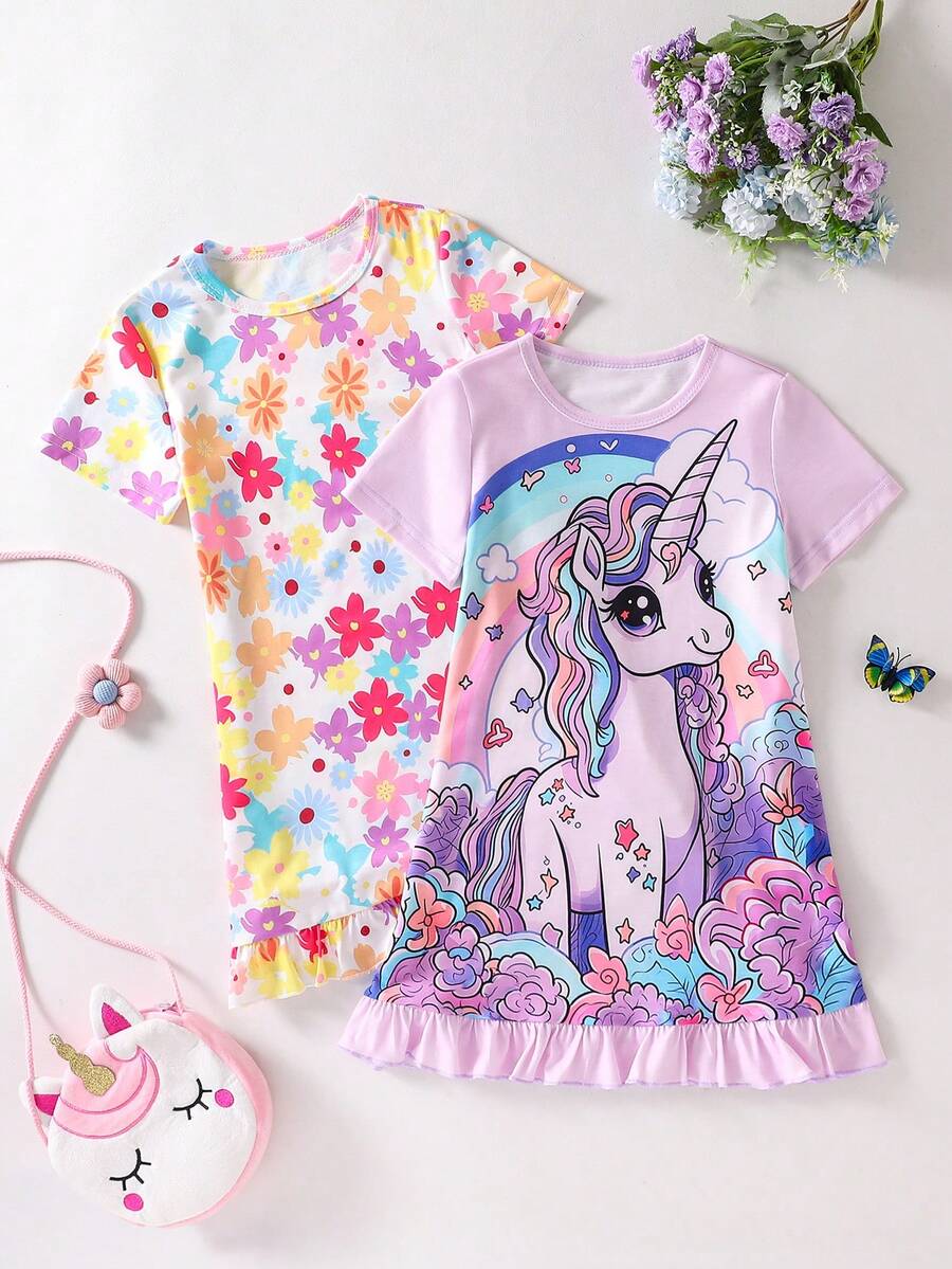 SHEIN 女童独角兽印花圆领短袖荷叶边下摆休闲连衣裙 - 彩色 - 查看 1