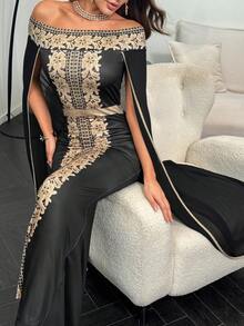 Modelyn Women's Elegant Party Banquet Off Shoulder Lace Patchwork Fitted Cloak Dress - Black - View 4