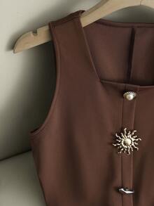 Resyla Áo vest thời trang mùa hè mới, kiểu dáng không tay cổ chữ U với khóa kim loại trang trí, phù hợp cho việc đi làm, đi chơi và tụ họp. - màu nâu - Xem 4