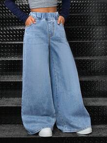 SHEIN Girls' Casual Basic Blue Denim Loose Pants - Light Wash - View 6