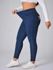 Flexra Plus Size Women's Bowknot Elastic Fitted Pants - Dark Wash - View 4