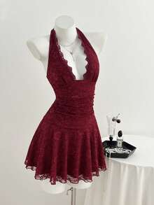 Elamini 女士酒红色V领露背蕾丝紧身连衣裙，适合情人节穿着