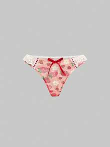 ROMWE Cute Doll-Like Kawaii Strawberry Polka Dot Lace-Up Underwire Bra And Thong Lingerie Set, Sexy - Pink - View 7