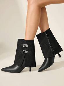 CUCCOO CHICEST Women's Fashion Versatile Commuter Buckle Pointed Toe High Heel Boots Valentine's Day - Black - View 7