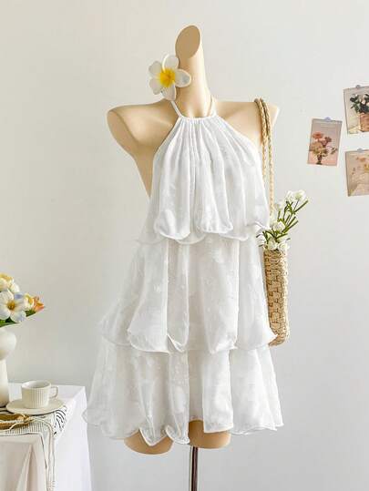 Soleia 优雅浪漫露背层叠下摆粉色花卉纹理吊带迷你连衣裙，适合约会、度假、波西米亚风、复古风、假日穿着