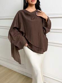 Veilorie Áo sơ mi nữ dài tay, màu trơn, dáng rộng, vạt áo bất đối xứng - Cà phê nâu - Xem 3