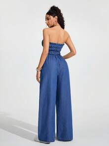 Jeanoix Bộ jumpsuit denim ống rộng gợi cảm, thắt dây phía trước, hở lưng, có bèo nhún dành cho nữ. - Màu xanh lam - Xem 2
