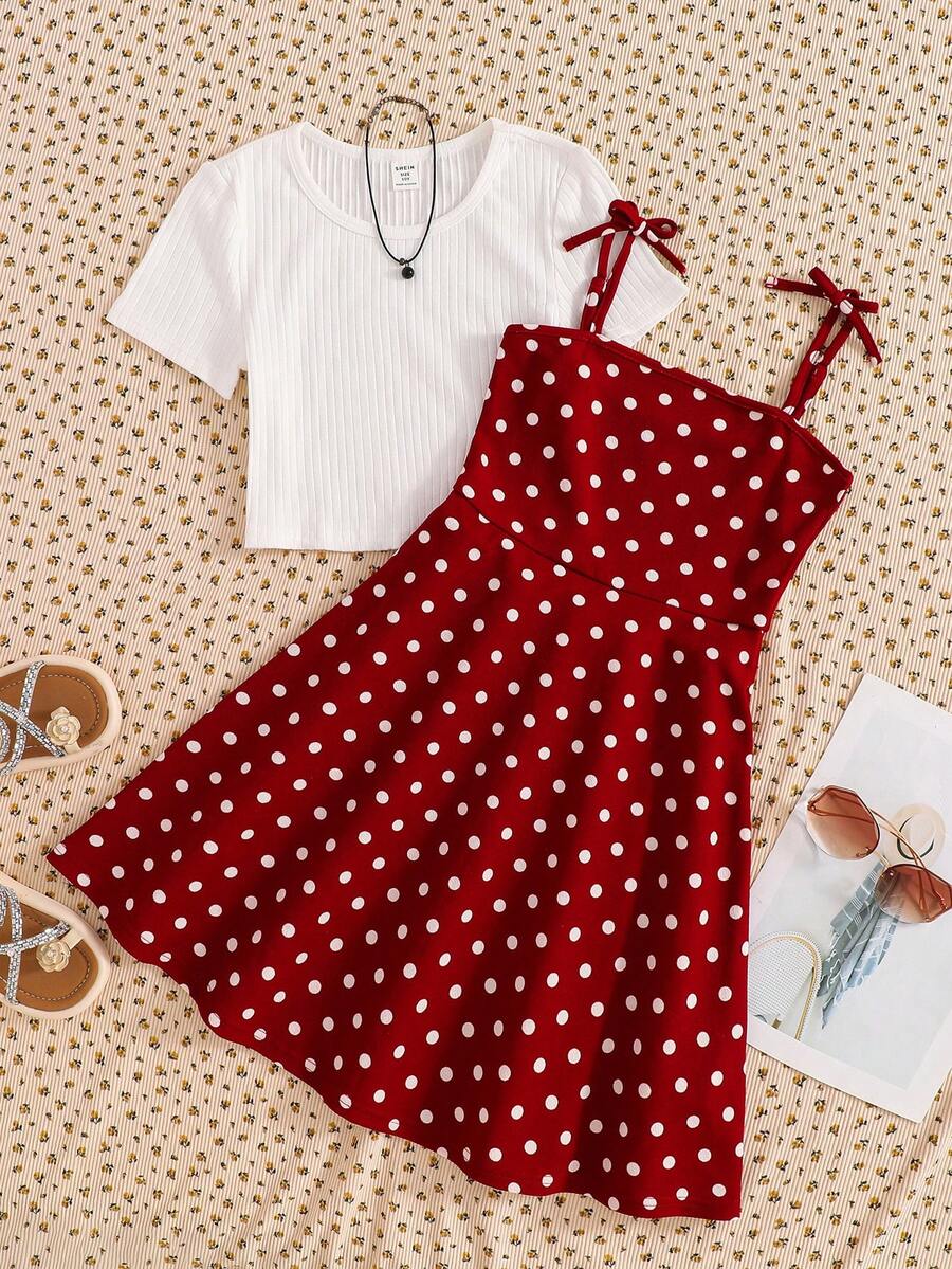 SHEIN Tween Girl Solid Color Round Neck Short Sleeve Top And Polka Dot Camisole Dress Casual Daily Outfit Set - Red and White - View 1