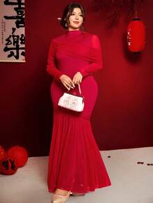 Cravure Plus Size Elegant Mock Neck Fitted Mesh Trim Dress Red Long Dress Chinese Style Dress Luxury Dress For Women Red Mermaid Dress - Red - View 3