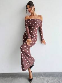 Firerie 女士优雅复古露肩波点印花修身长袖连衣裙，适合约会、度假、新年、情人节等场合 - 棕色 - 查看 1