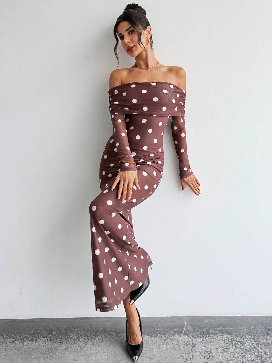 Firerie 女士优雅复古露肩波点印花修身长袖连衣裙，适合约会、度假、新年、情人节等场合 - 棕色 - 查看 1