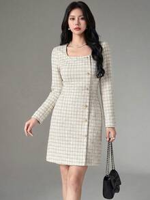 Heiryn 优雅粗花呢长袖连衣裙，通勤必备 - 彩色 - 查看 1