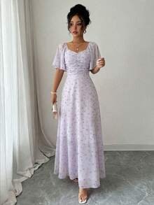 Modelyn Women's Lavender Chiffon Floral Print Batwing Sleeve Ruched Sweet French Style Summer Dress - Mauve Purple - View 6