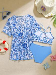 3pcs Young Girl Cheongsam Swimwear Set, Includes Mesh Coverup, Spaghetti Strap Top, And Bottoms, Stretchy Quick-Dry Knit Fabric, Suitable For Beach, Pool, Surfing, Vacation, Summer Twist Front 3 Pieces Bikini Kids Kids Cover Up Swimwears Young Girl Swimwear With Coverup Twist Front 3 Piece Bikini Kids Kids Cover Up Swimsuits Girls Swimsuit With Coverup - Blue - View 3