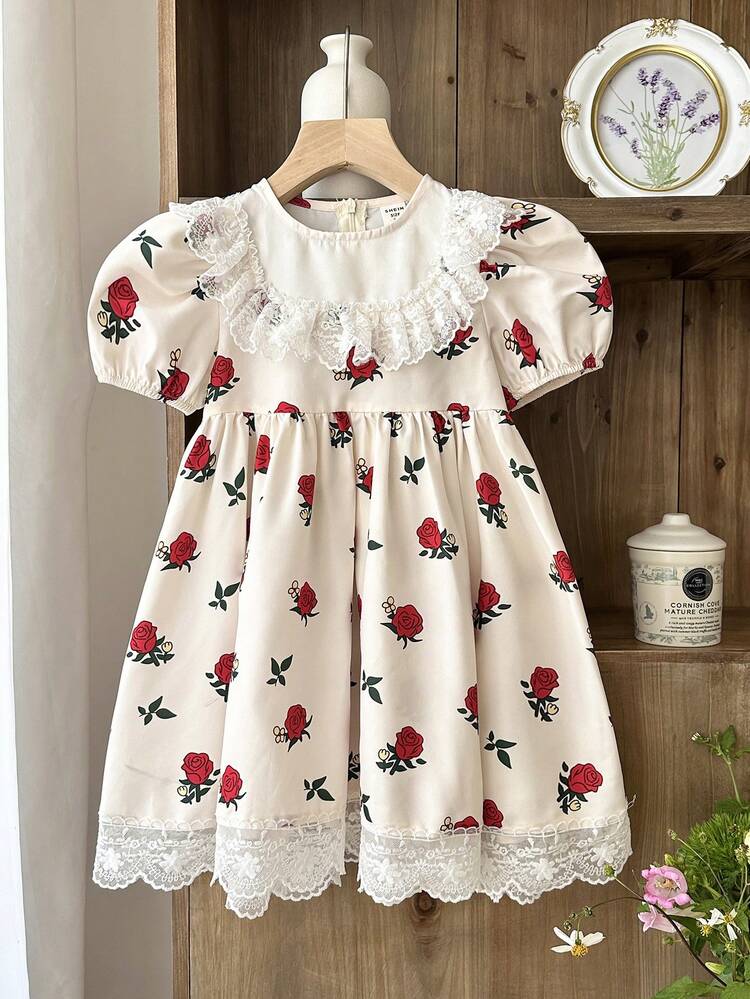 LMoss Kids LMoss 女童碎花撞色圆领荷叶边休闲连衣裙，象牙色蕾丝边连衣裙，饰有红色玫瑰花，适合女孩茶会、夏季穿着，也适合日常生活、派对、生日聚会等场合。长裙，适合度假穿着。 - 彩色 - 查看 5