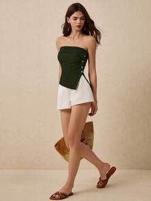 Poéselle 度假休闲纯色侧开衩抹胸上衣 - 軍綠色 - 查看 7