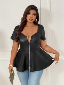 Femmeverse Áo nữ cỡ lớn cổ vuông khoét lỗ dáng chữ A chất liệu PU co giãn, giúp thon gọn và che khuyết điểm, ôm dáng. - màu đen - Xem 3