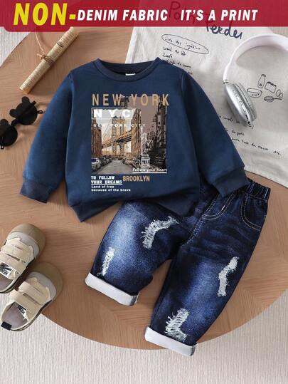 SHEIN 2 st/set Baby Pojke/Flicka Unisex Spädbarn Småbarn 0-3År Vår/Höst Blå Casual Rund Hals Långärmad Sweatshirttopp & Vita Bokstavstryck Faux Denimbyxor 2-delad Outfit, Bekväm Passform För Utomhuslek, Hemma, Casual, Sport, Fest