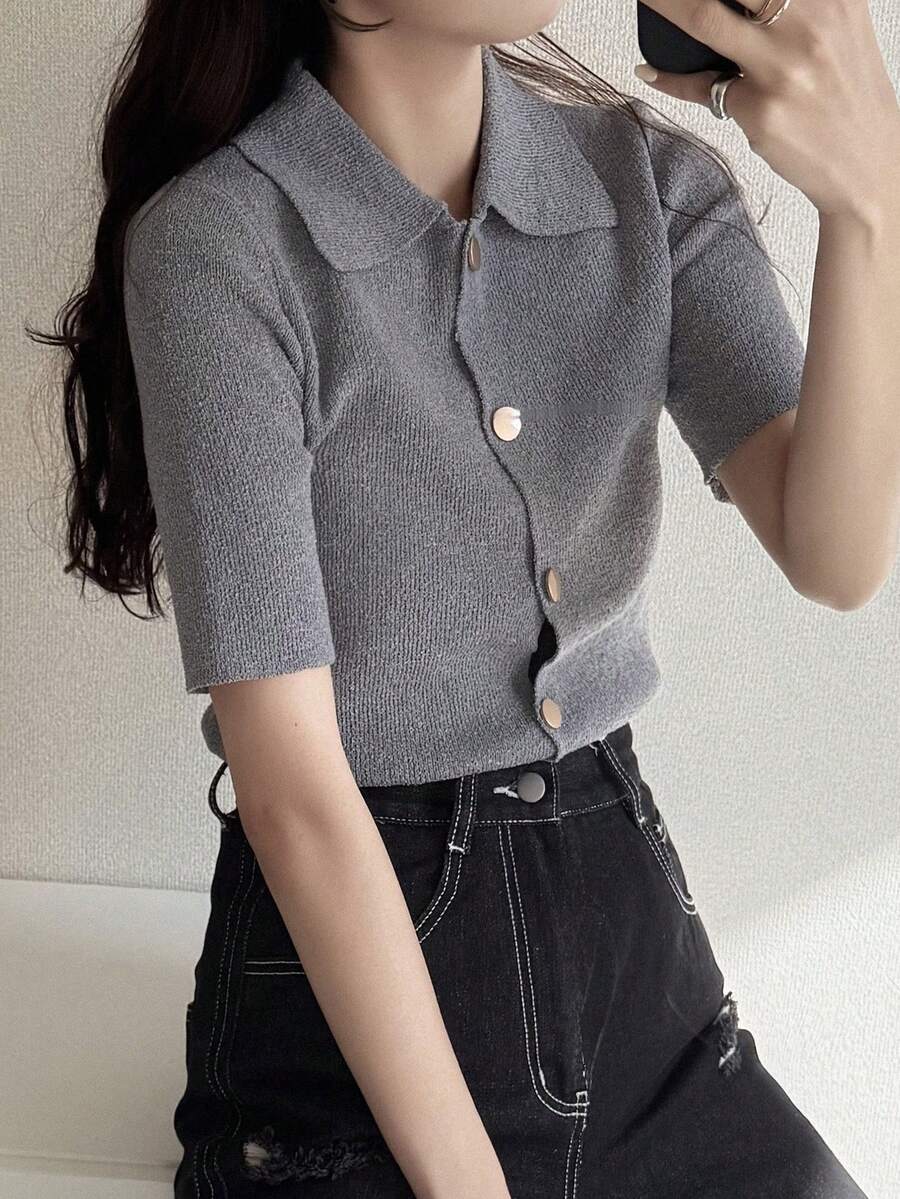 FRIFUL 女士纯色修身休闲短袖针织上衣,适合春夏穿着 - 灰色 - 查看 1