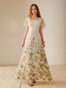 MOTF PREMIUM WOMEN'S ELEGANT FLORAL EMBROIDERY DRESS - Apricot - View 4