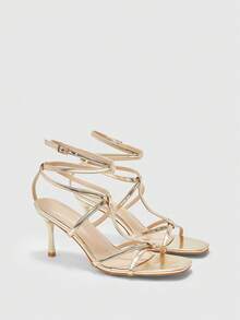 CUCCOO SZL Sandalias de vestir de tacón alto con puntera abierta y detalles metálicos dorados para mujer - Dorado - Ver 1