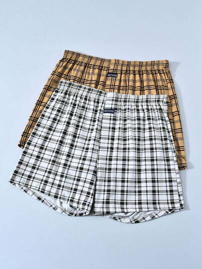 2条装男士高腰格子印花宽松舒适平角内裤，夏季