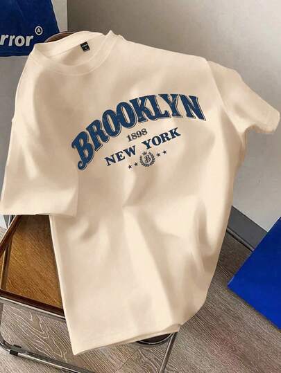 Manfinity Joysei Men's Letter Print Round Neck Casual Slim Fit Short Sleeve T-Shirt