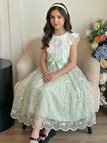 8-14岁女孩花卉刺绣薄纱连衣裙，配蝴蝶结腰带，优雅公主风正式礼服，适合婚礼、复活节、生日派对等场合 - 彩色 - 查看 2