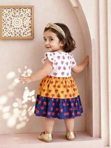 SHEIN Baby Girl Knitted Contrast Color Round Neck Ruffle Hem Snug Fit Dress - Multicolor - View 2