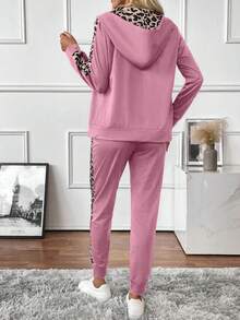 EURMUSE 2pcs Women Leopard Print Zip-Up Hooded Long Sleeve Top And Pants Set - Rusty Rose - View 2